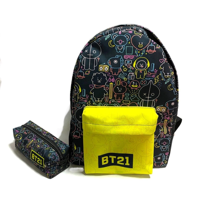 compacto Recuperar Mortal Kit mochila e estojo - BTS BT21 neon figures tamanho grande padrão escolar  e viagem