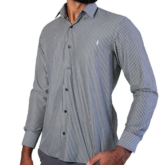 Camisa Manga Longa Social Masculina Comfort Algodão Egípcio Fio 80 Listras  Cinza e Branco LC162201