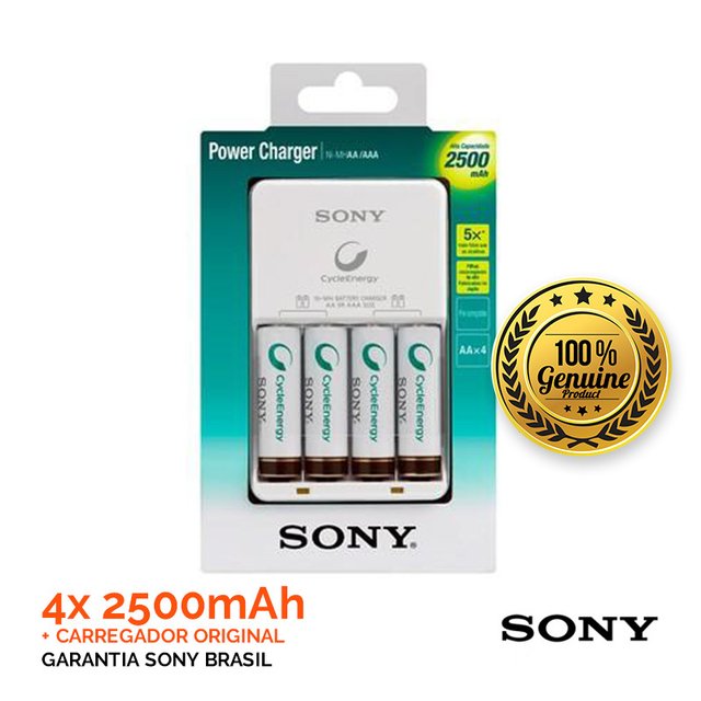 SONY CARREGADOR + 4 PILHAS RECARREGÁVEIS AA 2500mAh