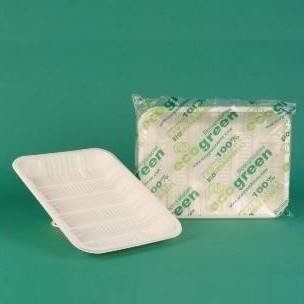Bandeja rectangular plana desechable en almidón maíz biodegradable  23x18x3cm paquete 20und