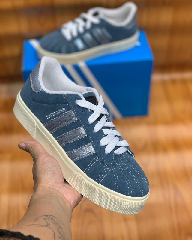 Tênis Adidas Superstar Branco Azul/ Camurça
