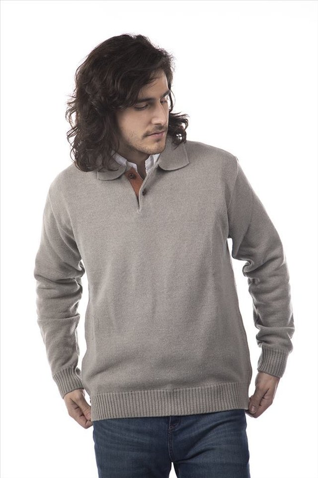 Sweater cuello polo de lana de oveja merino para hombre con botones