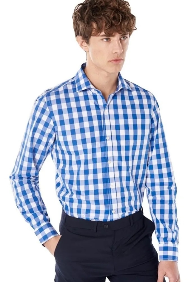 Camisa Hombre Bensimon Slim Fit Cuadrille Azul Claro (41046)