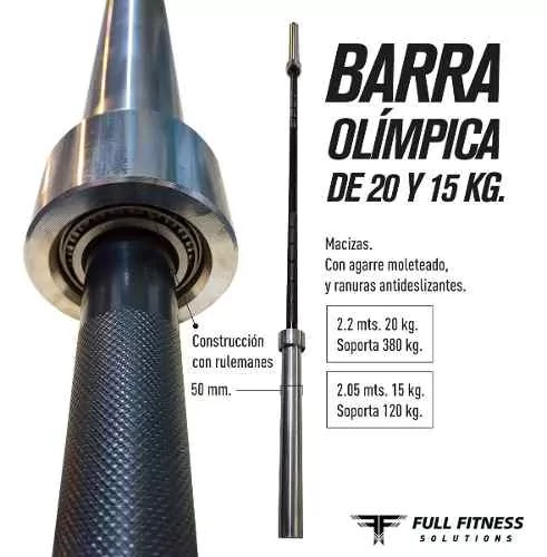 Barra Olimpica 2,20 Mts 20 Kg Con Rulemanes y Topes