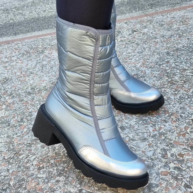 Bota Coturno Nylon Forrado Metalizado Prata| Sapatos e Botas