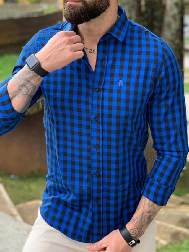 Camisa Slim Fit Xadrez Azul com Preto - Bfl