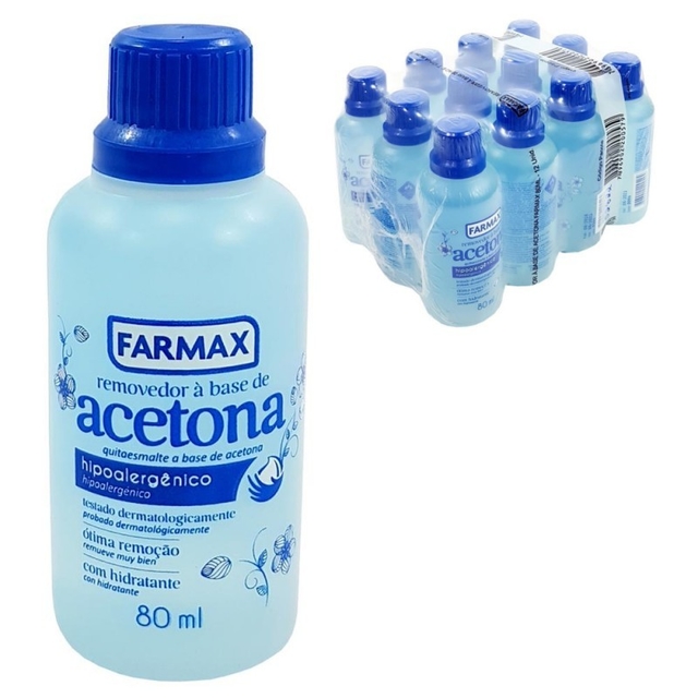 Acetona Farmax 80ml removedor de esmalte hipoalergênico.