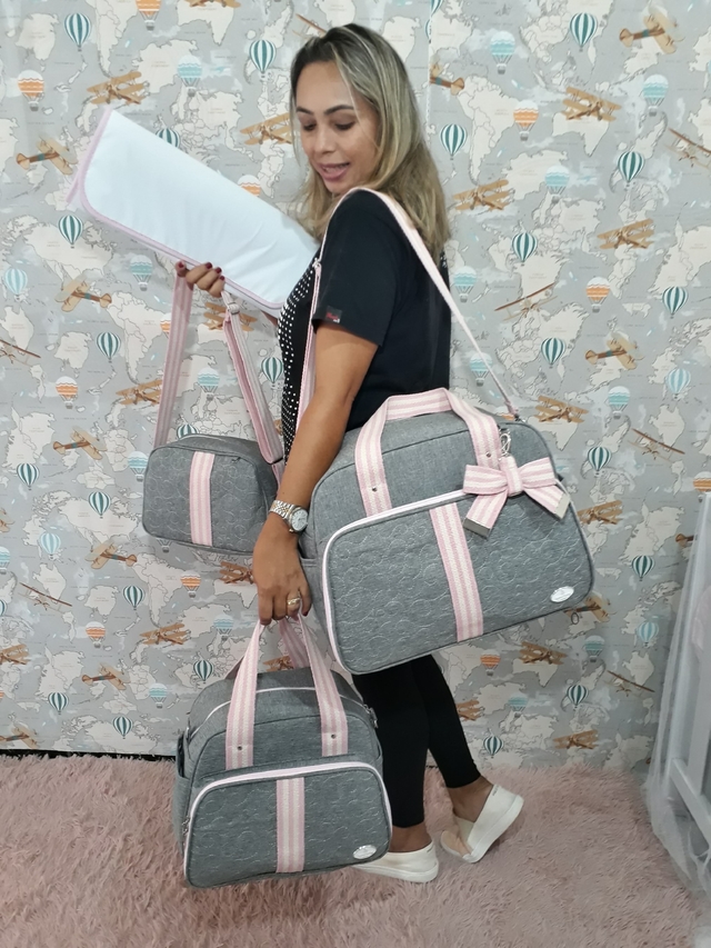 Kit Bolsa Maternidade Cinza Com Rosa IB Luxo