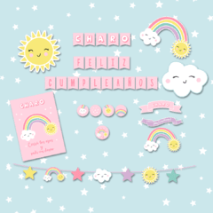 Mini kit imprimible Decoración Cumpleaños Candy Bar Arcoiris Nube Sol