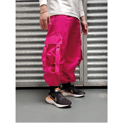 Pantalon cargo ancho con tiras rosa