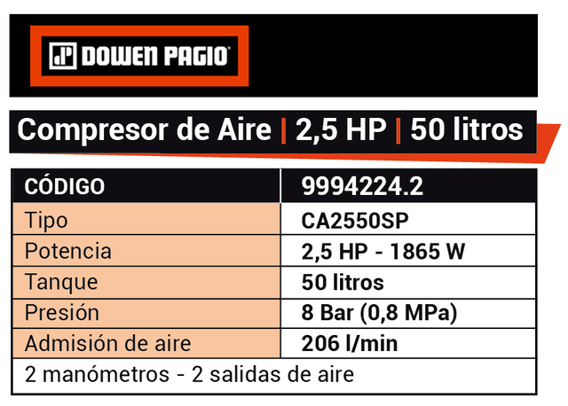 Compresor De Aire Dowen Pagio 50 Litros 2.5hp - Loyevo