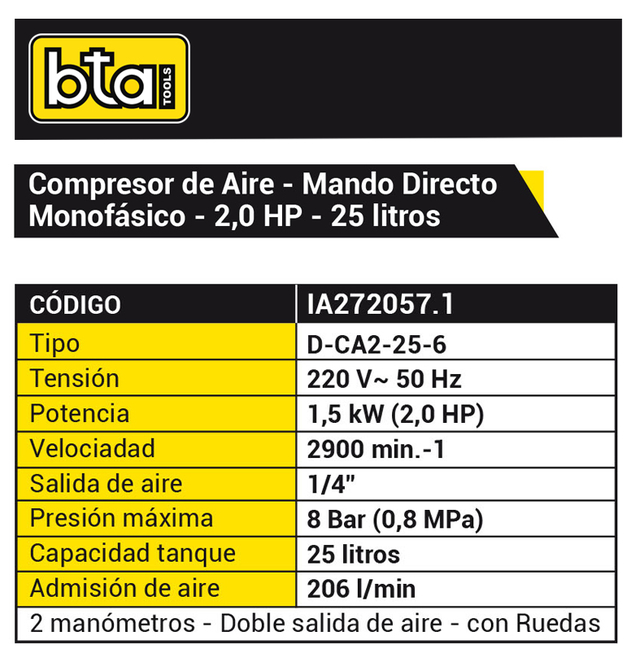 Compresor Bta D-CA1-25-6 2.0HP - 25 Litros 220V