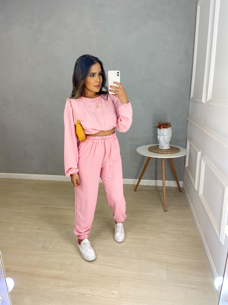 Moletom de Cropped e Calça Jogguer Rosa Bebê - Amor de Peça