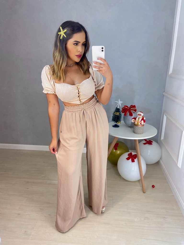 Calça pantalona linho- areia - Buy in Amor de Peça