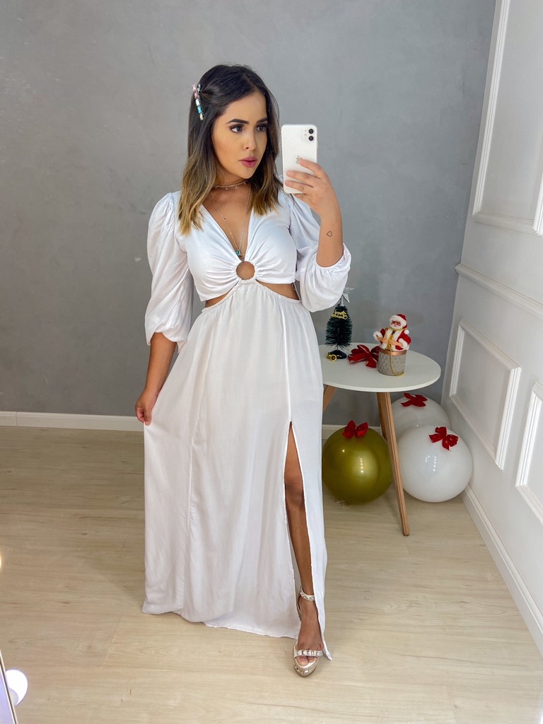 Vestido branco longo manga bufante Clearance