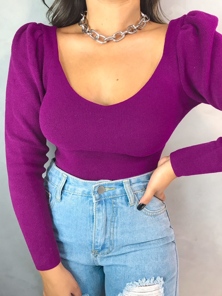 blusa de tricot manga longa cropped