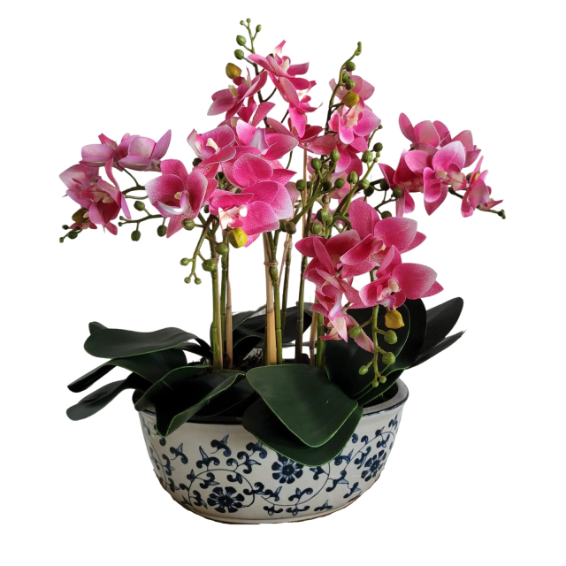 Arranjo De Orquídea Rosa Com Vaso Azul Planta Artificial