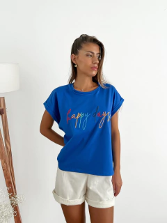 Remera amplia manga rebatible bordada Happy days en internet