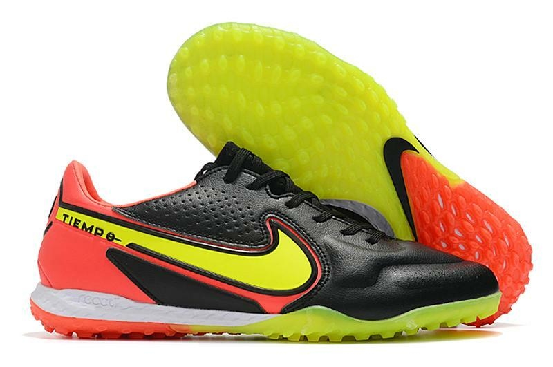 Chuteira de society Nike Tiempo Legend 9 Pro TF Preta com Laranja e Amarelo