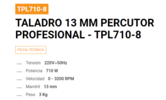 Taladro Agujereador Percutor Profesional Lusqtoff 710W TPL710-8 - comprar online