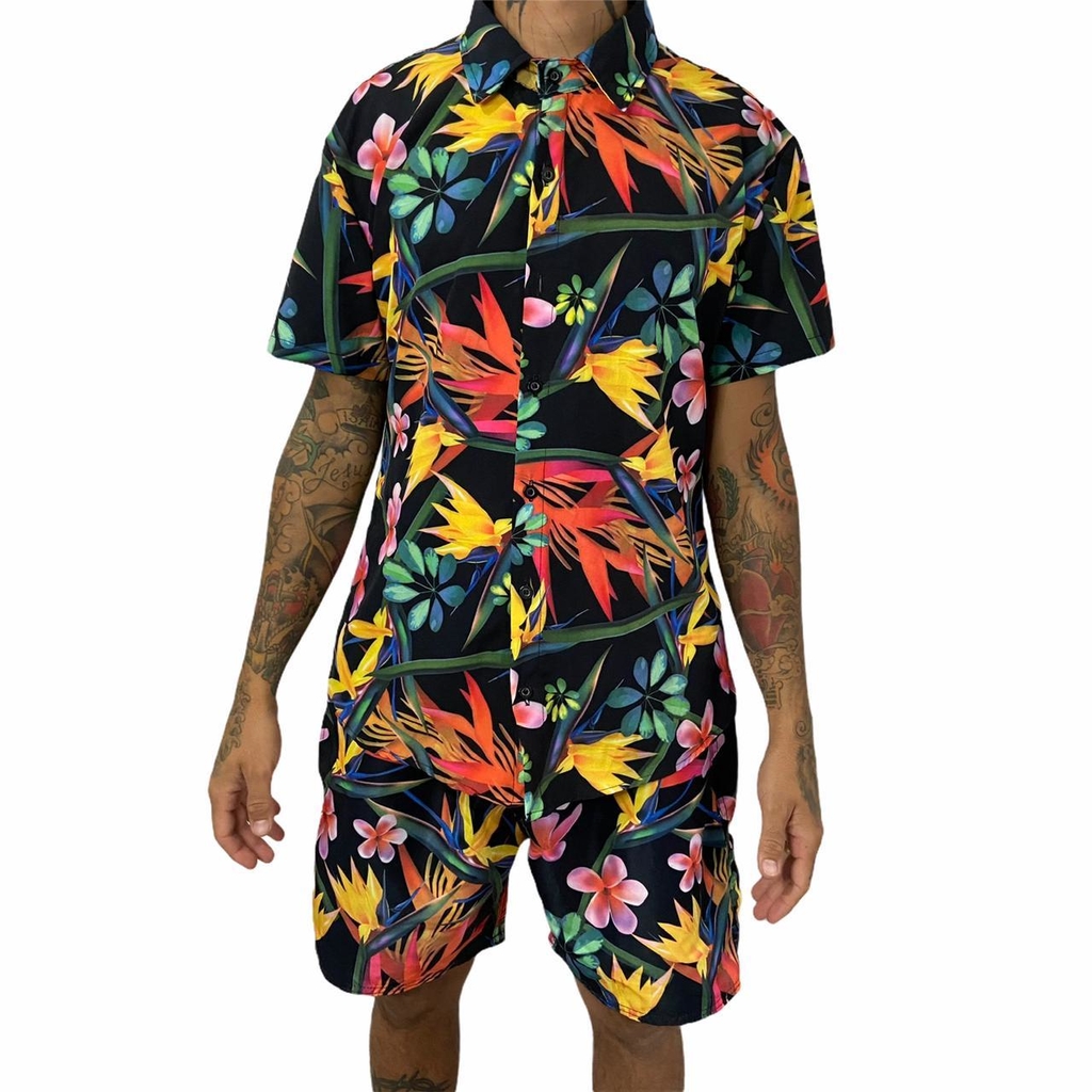 Kit Camisa de Botão e Shorts Floral Colorido