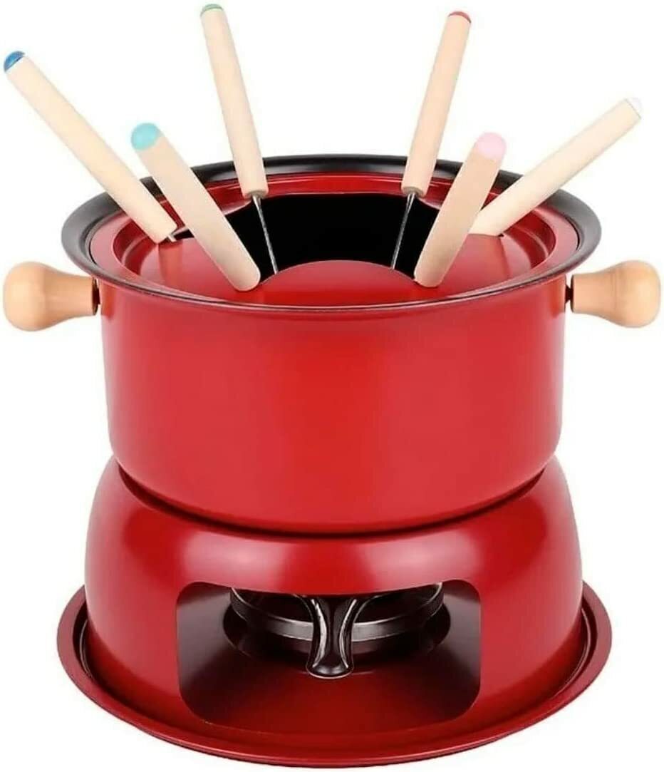 Aparelho de Fondue 16cm em Aço Inox Vermelho e Madeira - Mimo Style