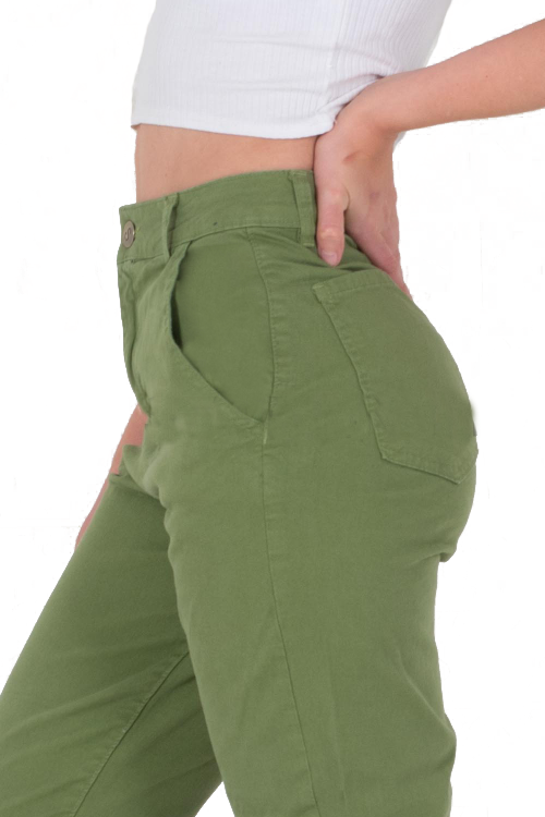 Jean Mom Verde Musgo, Semi rigido, Tiro Alto.
