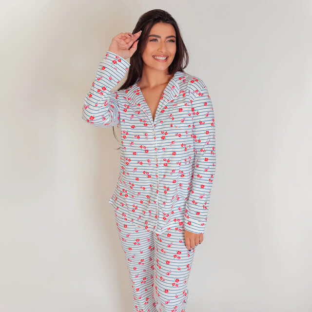 Pijama Pima Listra e Flores manga longa
