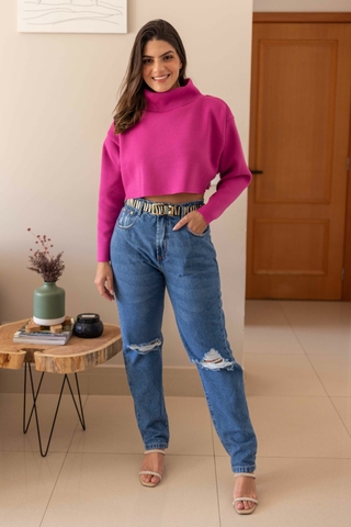 calça jeans mom destroyed médio alcance detalhe frente