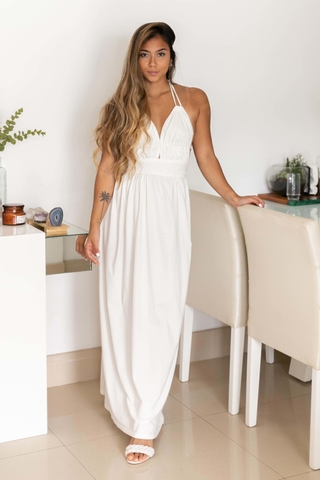 vestido longo caraiva off - white alças finas e regulagem alcance look completo frente