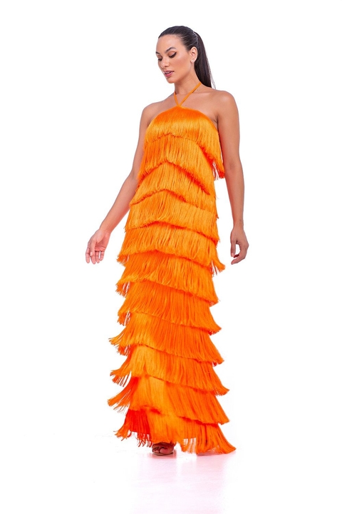 VESTIDO FRANZIDO LONGO LARANJA