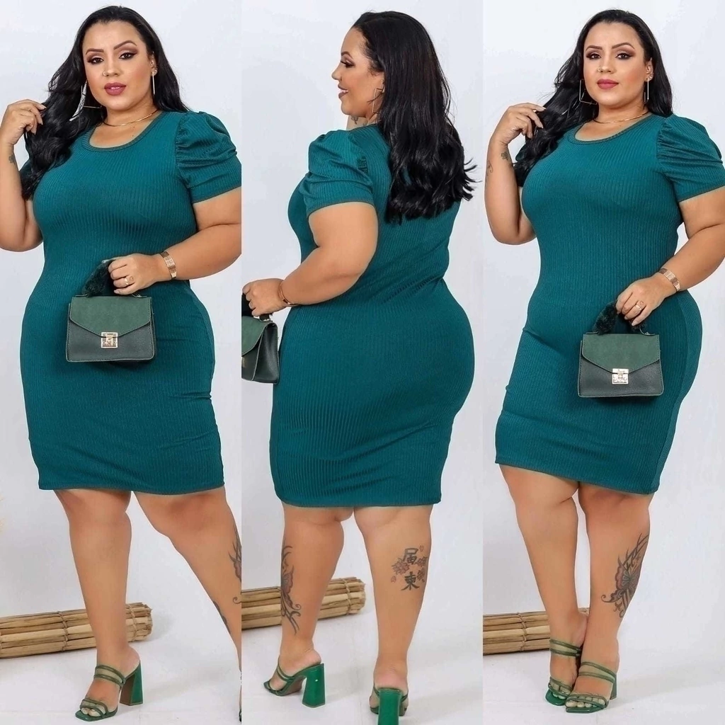 Vestido Plus Size Verde Jade Manga Bufante - GGS Modas Vestido Plus Size Verde Jade Manga Bufante - GGS Modas