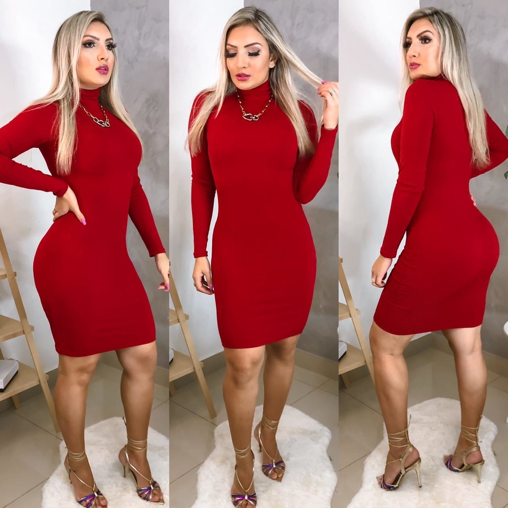 Vestido VERMELHO manga longa gola alta - GGS Modas