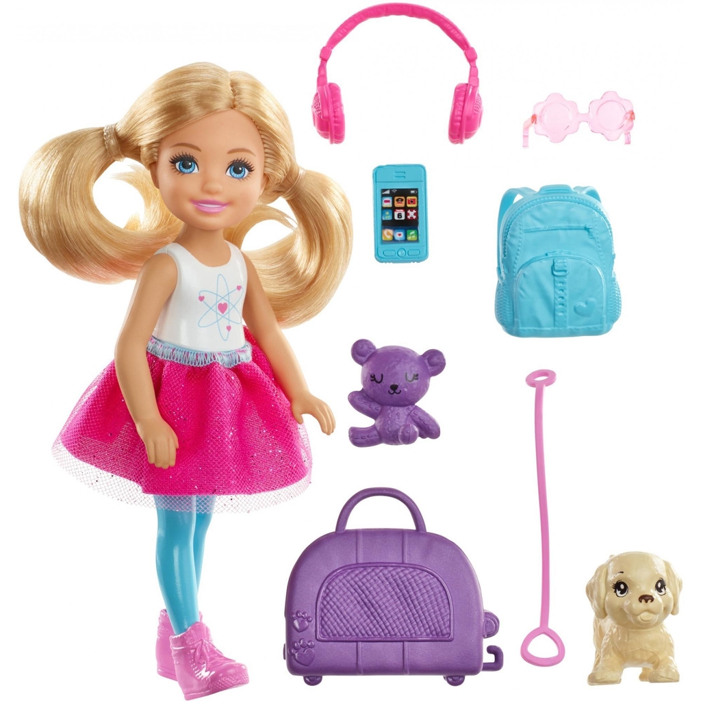 Muñeca Barbie Chelsea y set de viaje con perrito y accesorios