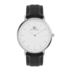 relógio minimalista pulseira couro preta fundo branco com detalhes em prata