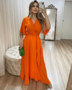 vestido longo envelope transpassado wrap dress viscose laranja