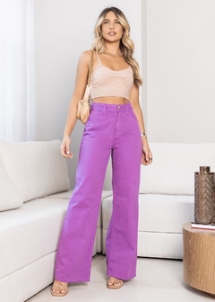 Calça pantalona Jeans Wide Leg lilas roxa