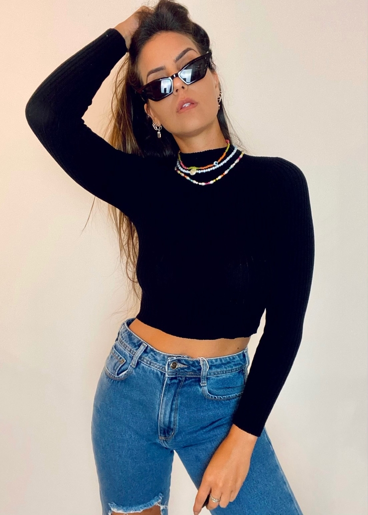 blusa de tricot manga longa cropped