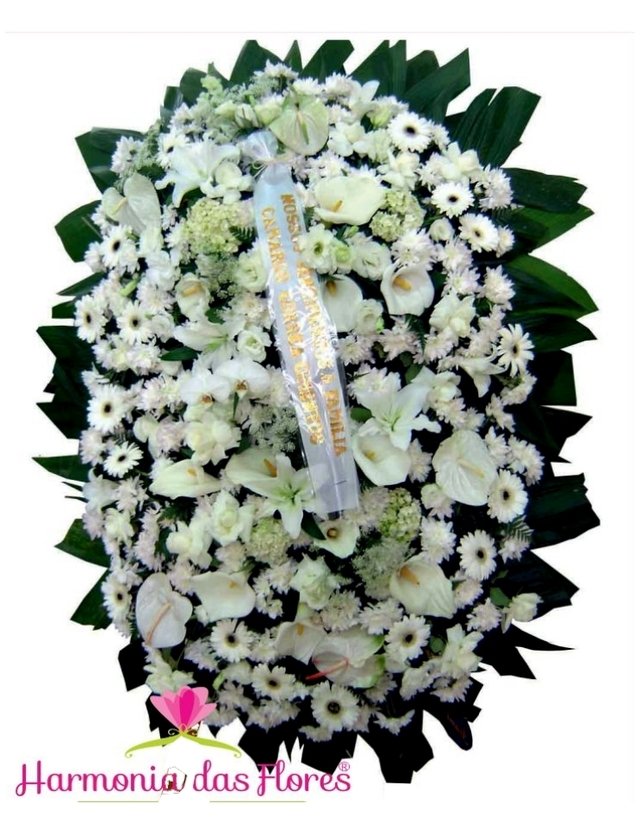 Coroa de Flores Brancas, Dupla de Crisântemos, Rosas, Gérberas e Lírios