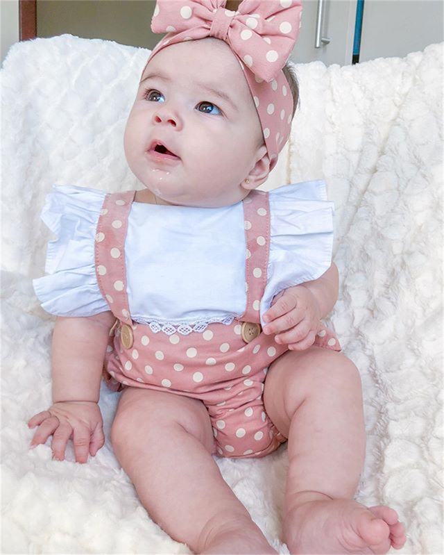 Romper Jardineira Faixa Bebe Menina Rose Poa Lc0047 Romper Jardineira Faixa Bebe Menina Rose Poa Lc0047