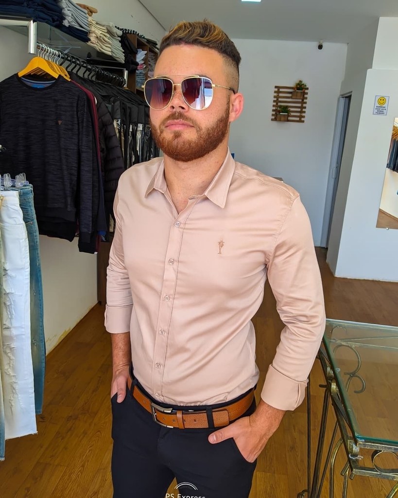 Camisa Social Slim Acetinada Bege - New Style For Men