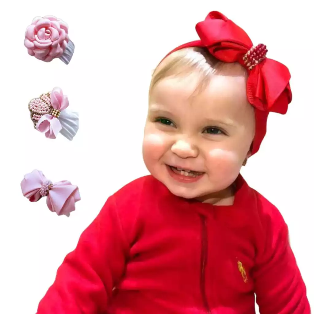 Faixa Cabelo Laço Flor ou Coroa Infantil Bebê Meia De Seda Premium