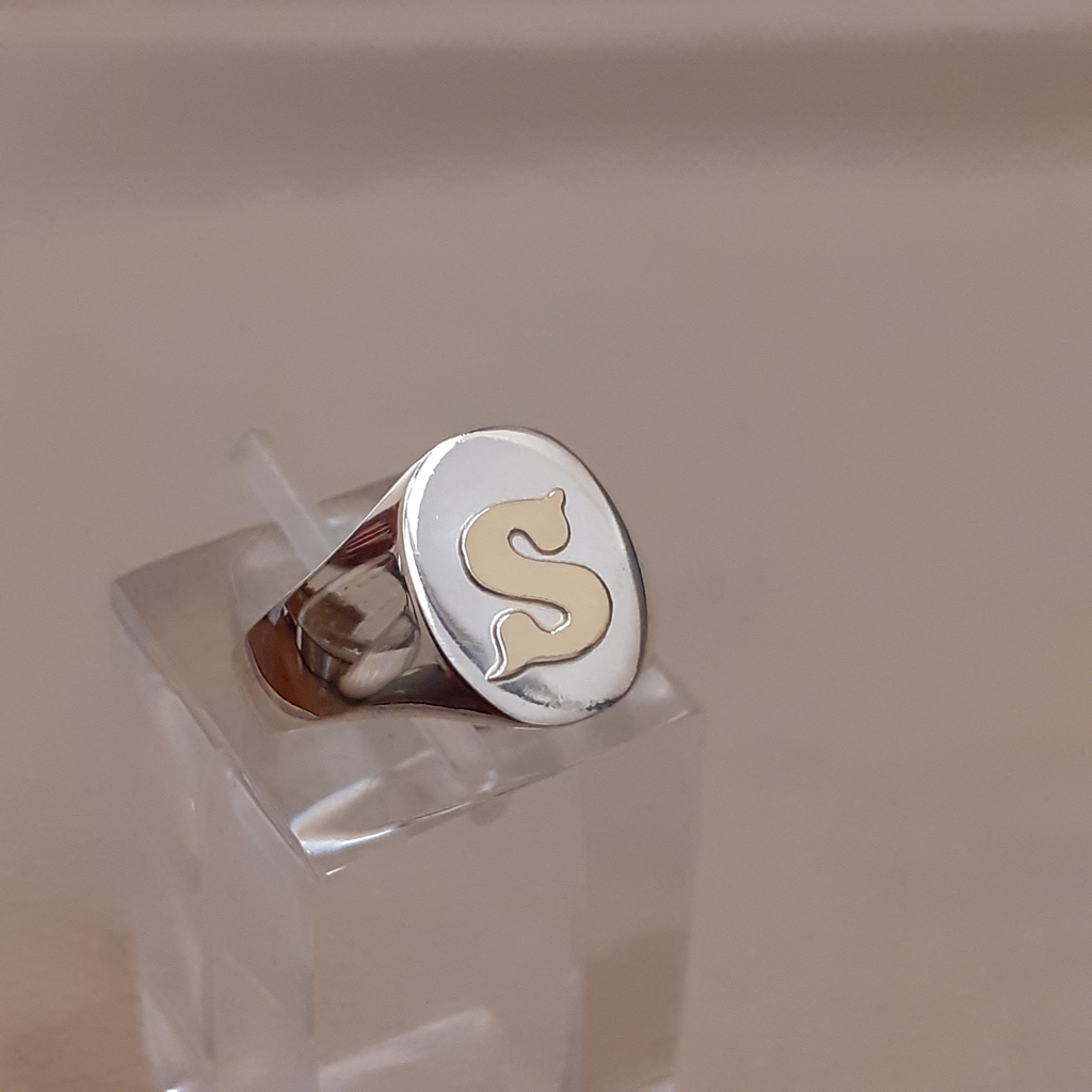 Anillo sello Letra inicial S en plata 925 y Oro