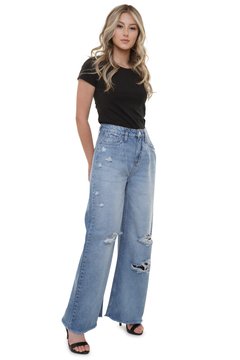 Calça Jeans Feminina Wide Leg Com Rasgos Moda Blogueira - comprar online