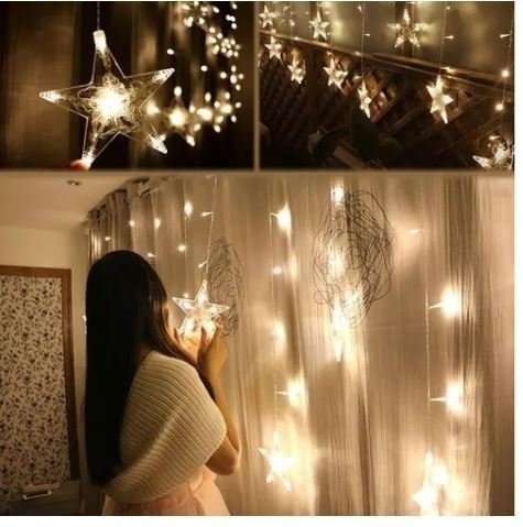 Cascata Estrelas Natal 138 Leds 2,5m 8 Funções Branco Quente 220v Cascata Estrelas Natal 138 Leds 2,5m 8 Funções Branco Quente 220v