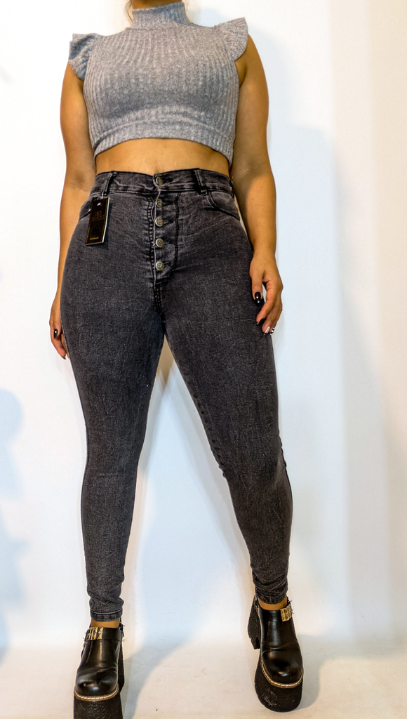 Jean gris nevado tiro alto con botones