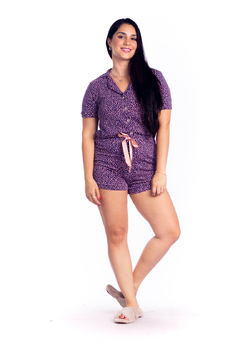 Pijama de botões com shorts e manga curta Bolinhas Irregulares Rosa -Bella - Maranne