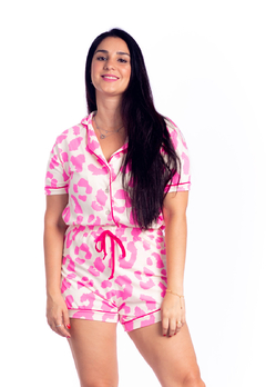 Pijama de botões com shorts e manga curta Onça Pink Neon - Vivi - comprar online