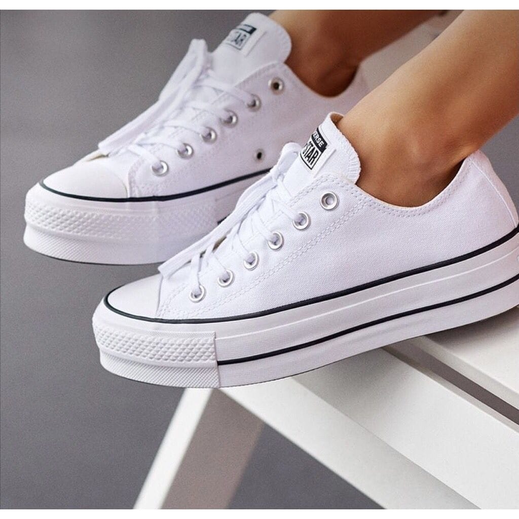 All star plataforma feminino branco couro linha preta