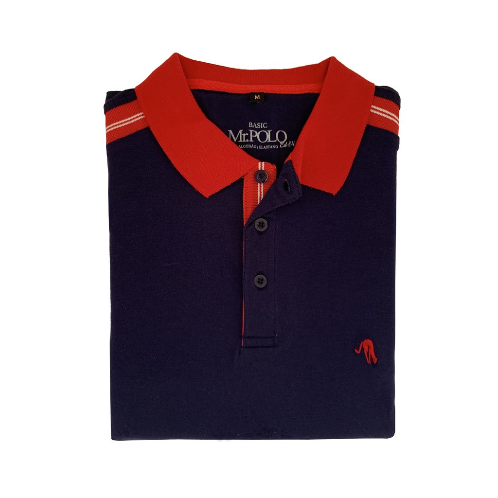 camisa polo azul marinho com vermelho